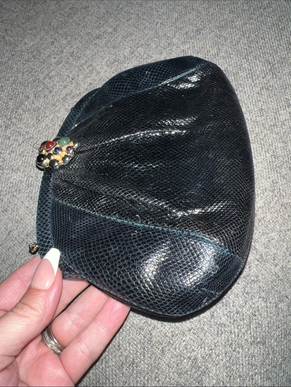 Vintage Judith Lieber Black Lizard Clutch with Multistone Kiss-Lock GUC